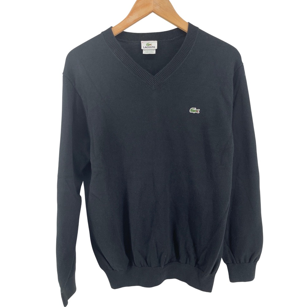 Lacoste V-Neck Sweater Mens 5 L Black Cotton Knit Iconic Alligator Logo Pullover